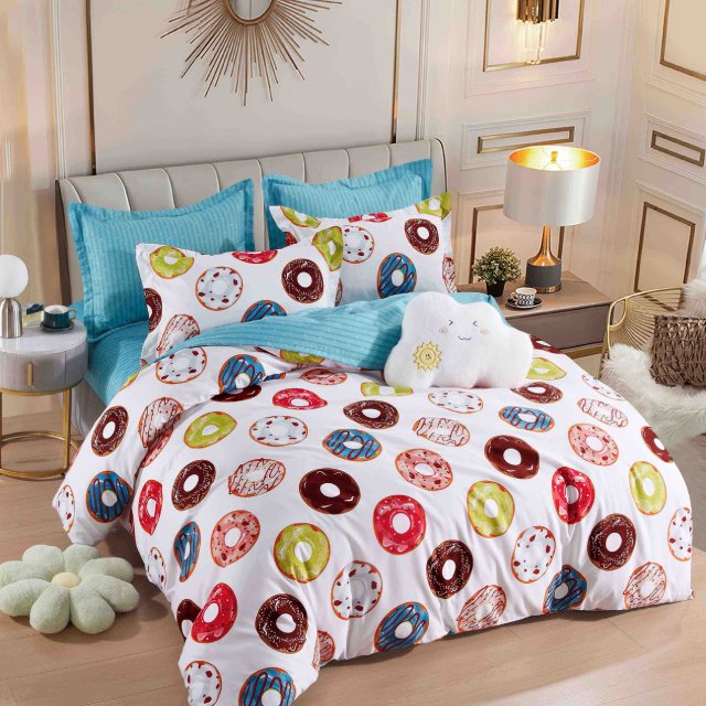 Единично спално бельо от 100% памук – бяло с донъти - F1-94