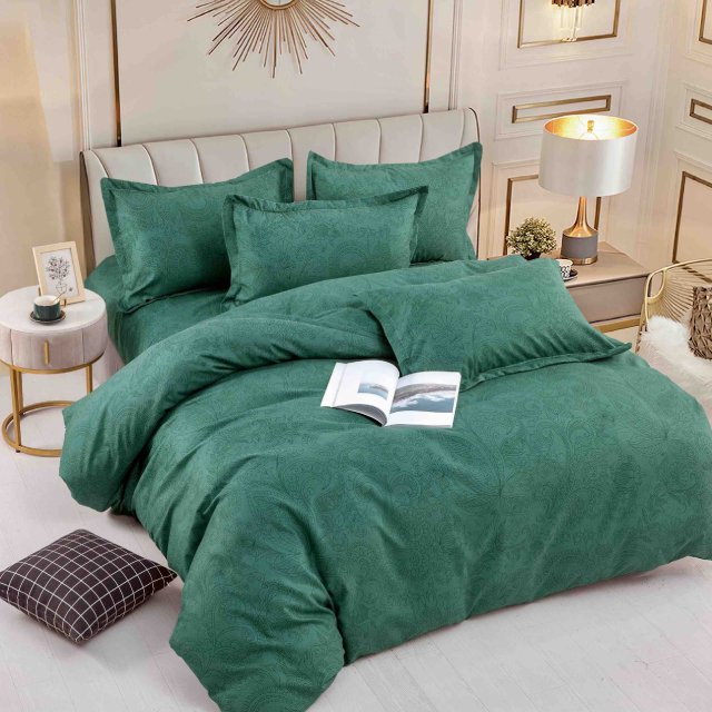 Единично спално бельо от 100% памук – тъмнозелено с орнаменти - F1-52