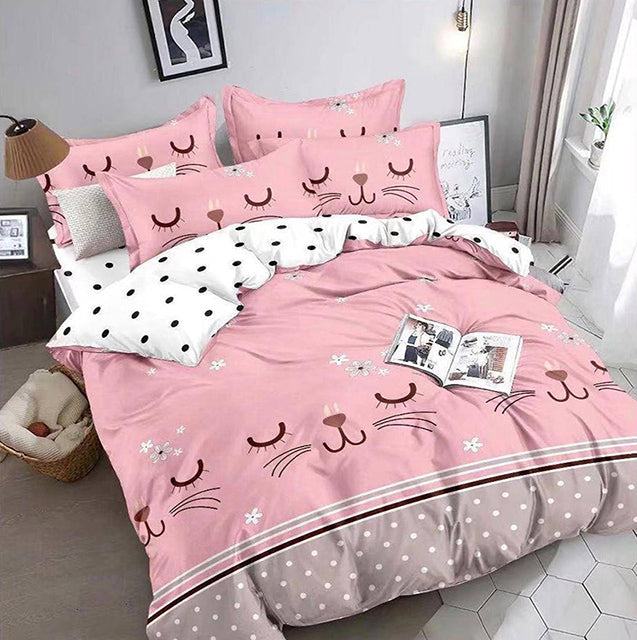 Единично спално бельо от 100% памук – розово с котенца и точки