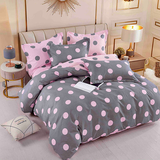 Единично спално бельо от 100% памук – сиво и розово на точки