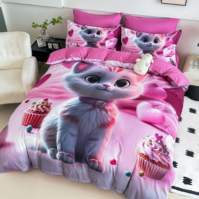 5D Спално бельо от 6 части с ластик - Розово с котенца
