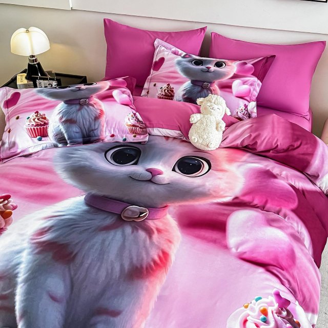 5D Спално бельо от 6 части с ластик - Розово с котенца