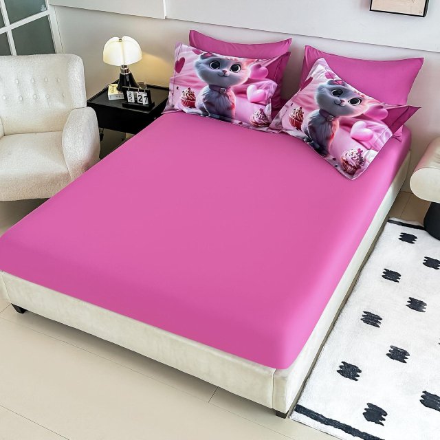 5D Спално бельо от 6 части с ластик - Розово с котенца