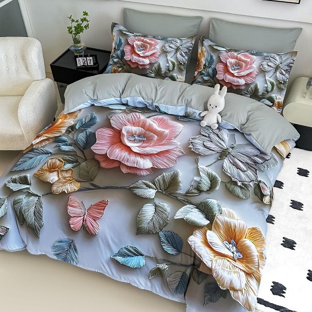 5D Спално бельо от 6 части с ластик - Светлосиво с цветя и пеперуди