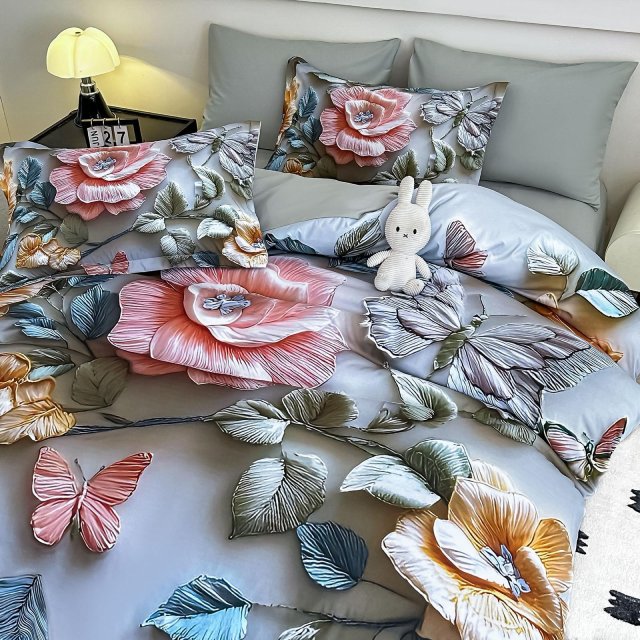 5D Спално бельо от 6 части с ластик - Светлосиво с цветя и пеперуди