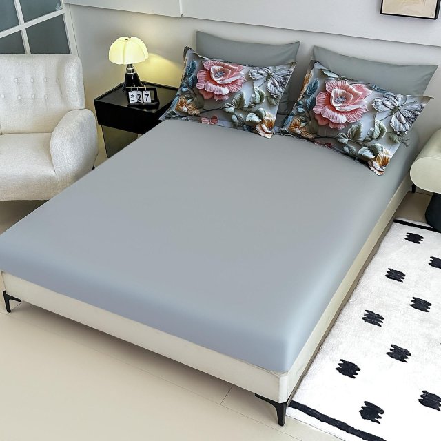 5D Спално бельо от 6 части с ластик - Светлосиво с цветя и пеперуди