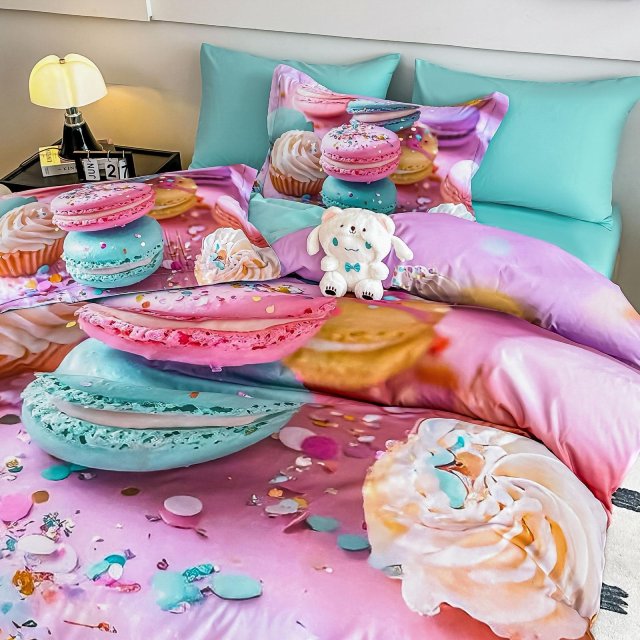 5D Спално бельо от 6 части с ластик - Тюркоазено с френски макарони