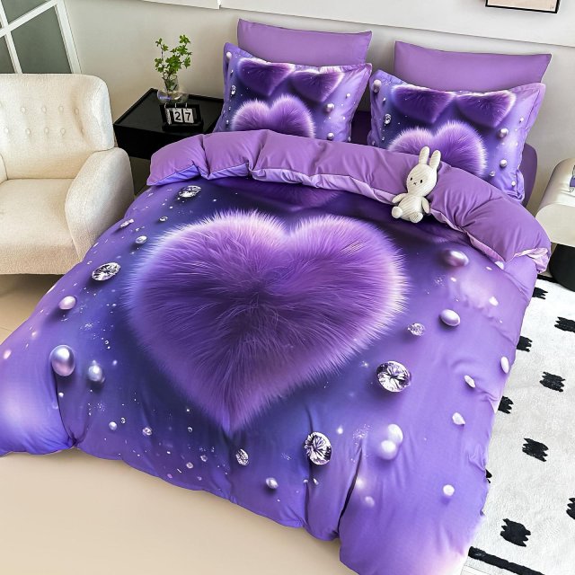 5D Спално бельо от 6 части с ластик - Лилаво със сърца