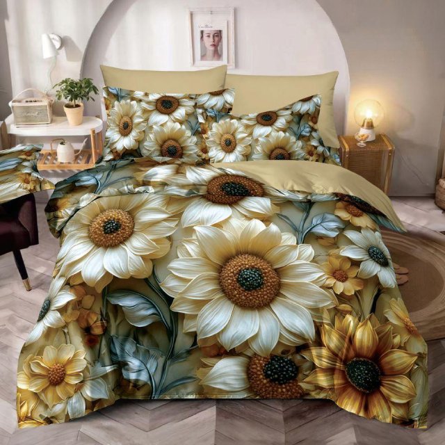 5D Спално бельо от 6 части с ластик - Бежово с флорален мотив