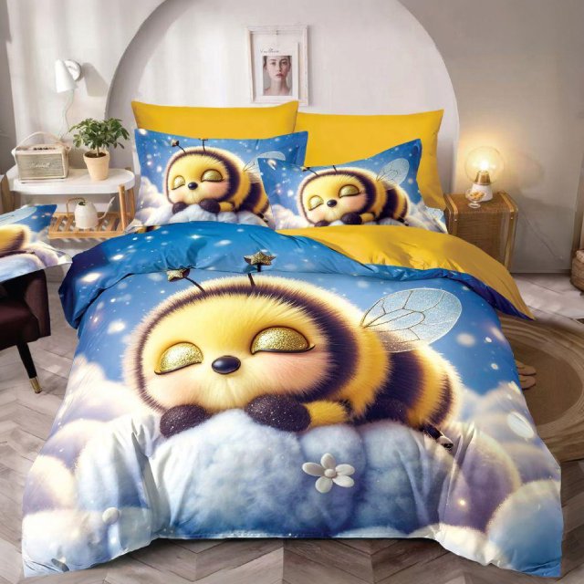 5D Спално бельо от 6 части с ластик - Жълто и синьо с пчелички