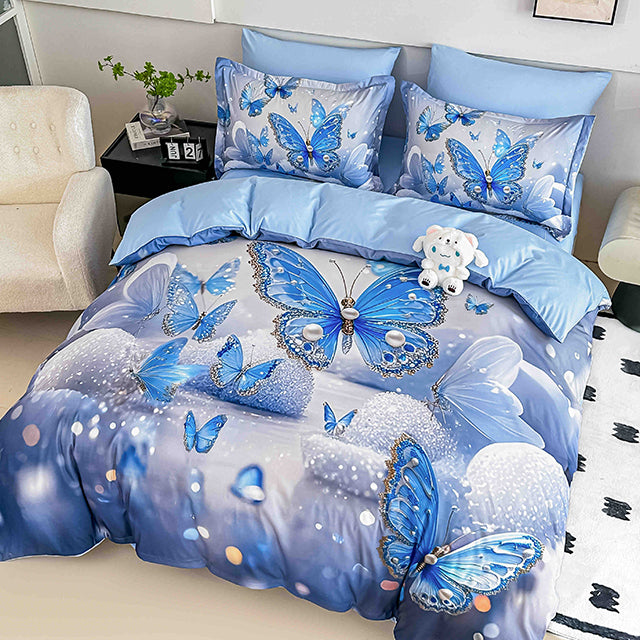 5D Единично Спално бельо с ластик - синьо с пеперуди - F5D1-17