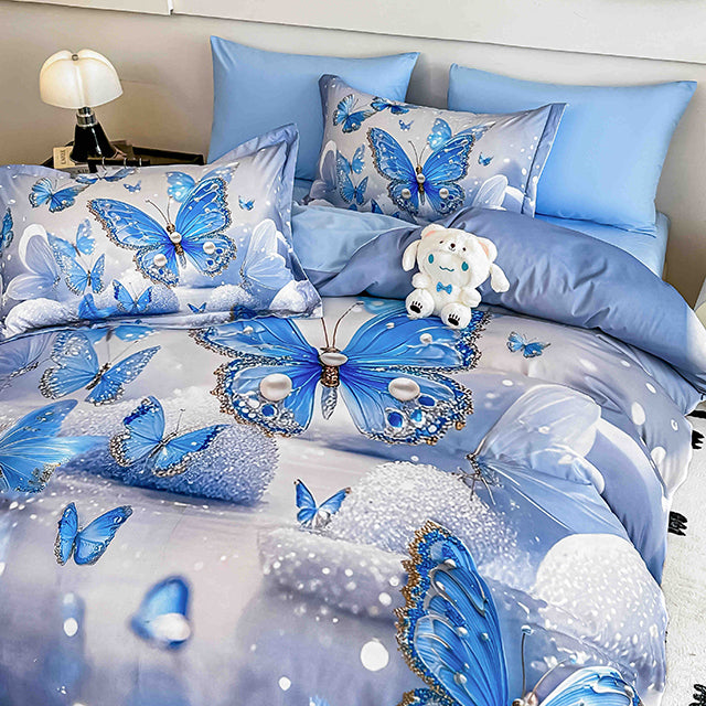 5D Единично Спално бельо с ластик - синьо с пеперуди - F5D1-17