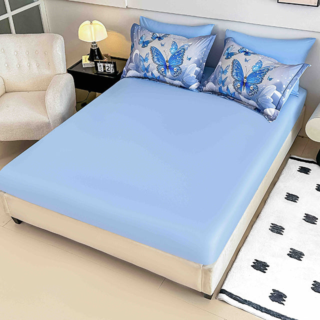 5D Единично Спално бельо с ластик - синьо с пеперуди - F5D1-17