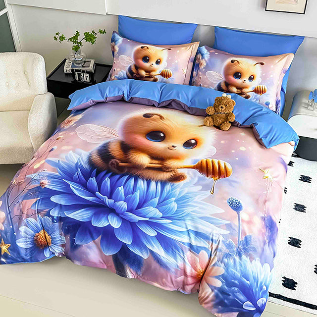 5D Спално бельо от 6 части с ластик - синьо с пчеличка - F5D-18