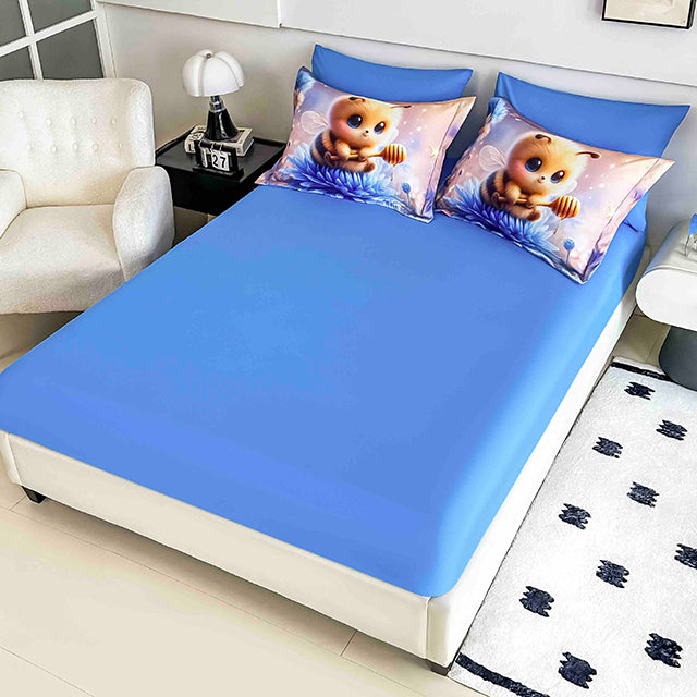 5D Спално бельо от 6 части с ластик - синьо с пчеличка - F5D-18