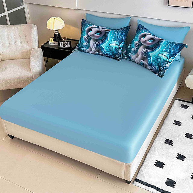 5D Единично Спално бельо с ластик - тъмносиньо с еднорог - F5D1-19