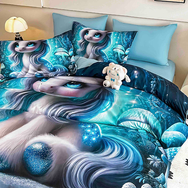 5D Единично Спално бельо с ластик - тъмносиньо с еднорог - F5D1-19