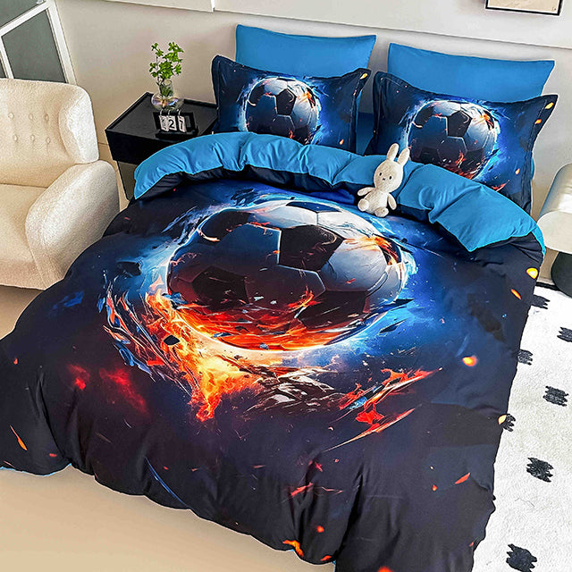 5D Спално бельо от 6 части с ластик - тъмносиньо с футболни топки - F5D-20