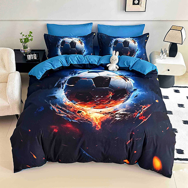 5D Спално бельо от 6 части с ластик - тъмносиньо с футболни топки