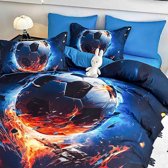 5D Спално бельо от 6 части с ластик - тъмносиньо с футболни топки - F5D-20