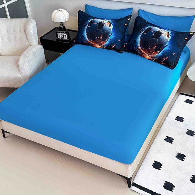 5D Спално бельо от 6 части с ластик - тъмносиньо с футболни топки - F5D-20