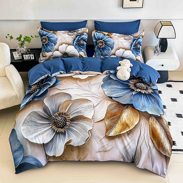 5D Спално бельо от 6 части с ластик - бежово и синьо с цветя