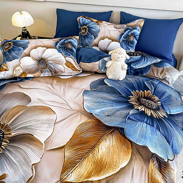 5D Спално бельо от 6 части с ластик - бежово и синьо с цветя - F5D-22