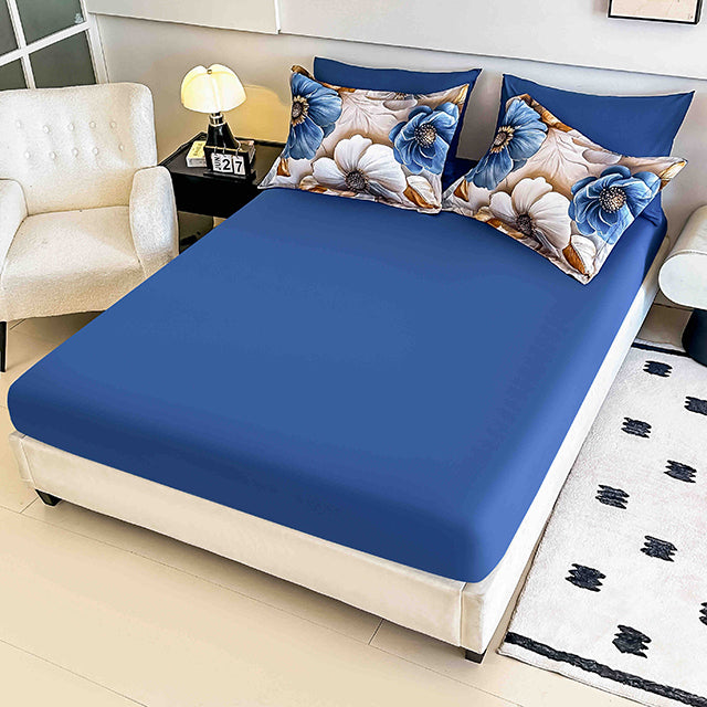 5D Спално бельо от 6 части с ластик - бежово и синьо с цветя - F5D-22