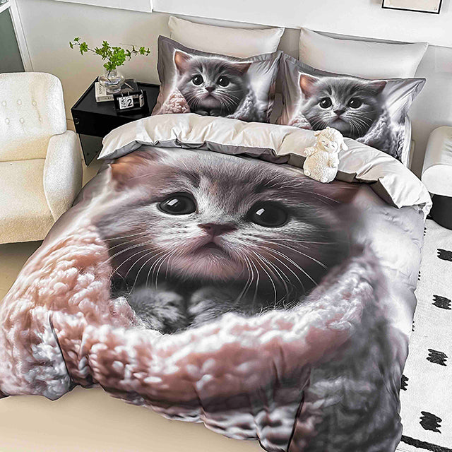 5D Спално бельо от 6 части с ластик - сиво с коте - F5D-23
