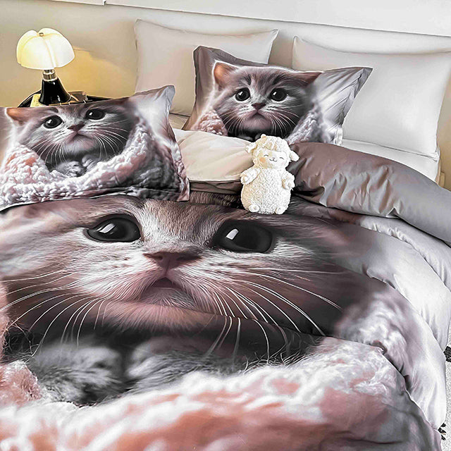 5D Спално бельо от 6 части с ластик - сиво с коте - F5D-23