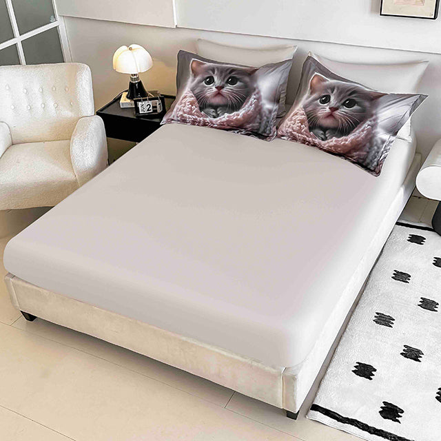 5D Спално бельо от 6 части с ластик - сиво с коте - F5D-23