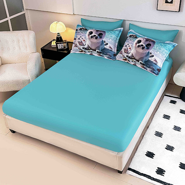 5D Спално бельо от 6 части с ластик - сиво и синьо с тюленче - F5D-24