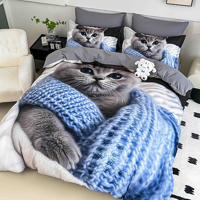 5D Спално бельо от 6 части с ластик - сиво с коте - F5D-25