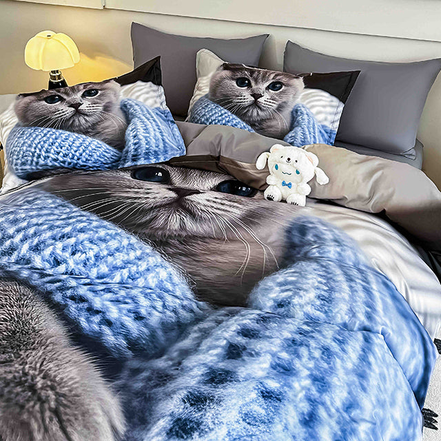 5D Спално бельо от 6 части с ластик - сиво с коте - F5D-25