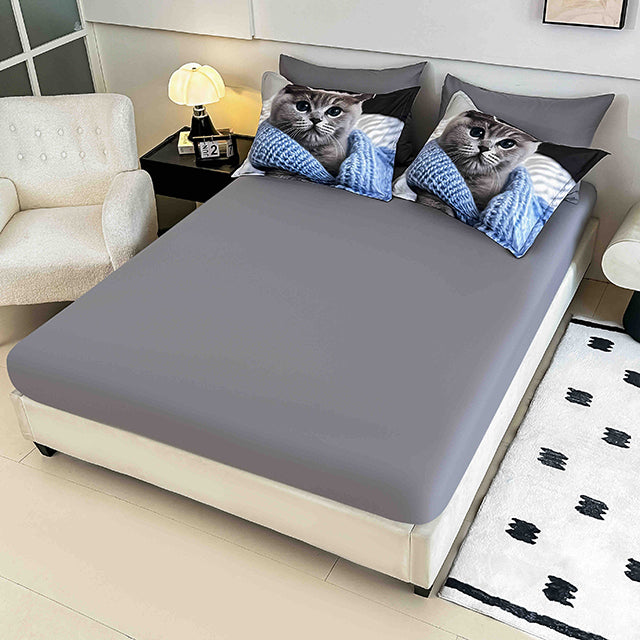 5D Спално бельо от 6 части с ластик - сиво с коте - F5D-25