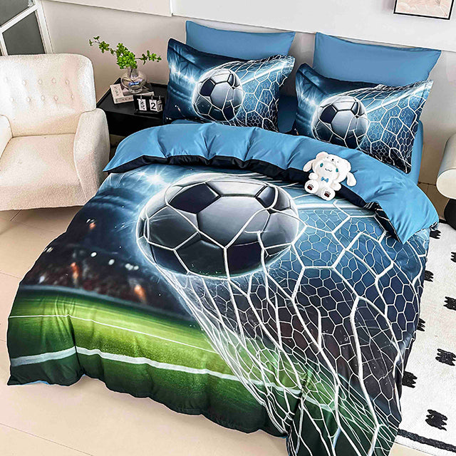 5D Спално бельо от 6 части с ластик - синьо и зелено с футболен мотив - F5D-26