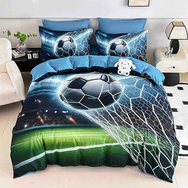5D Спално бельо от 6 части с ластик - синьо и зелено с футболен мотив