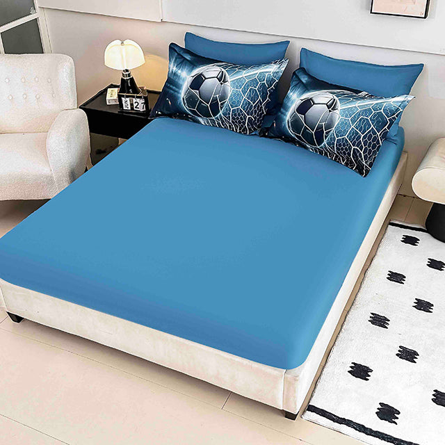 5D Спално бельо от 6 части с ластик - синьо и зелено с футболен мотив - F5D-26