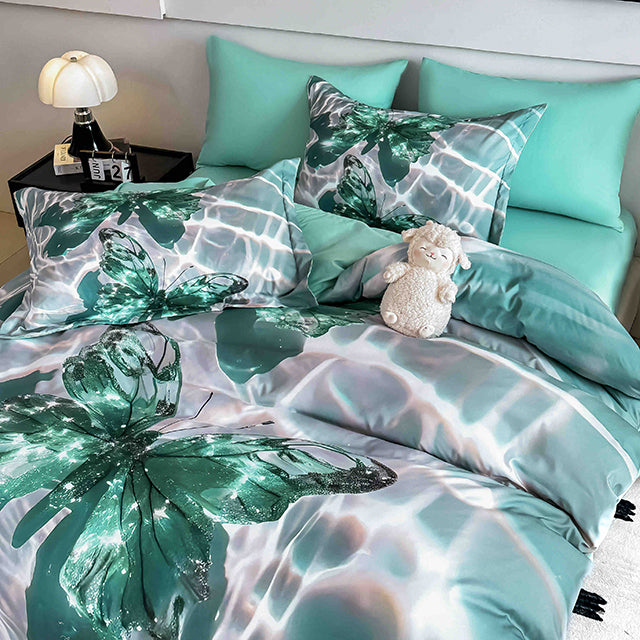 5D Единично Спално бельо с ластик - цвят тюркоаз с пеперуди - F5D1-32