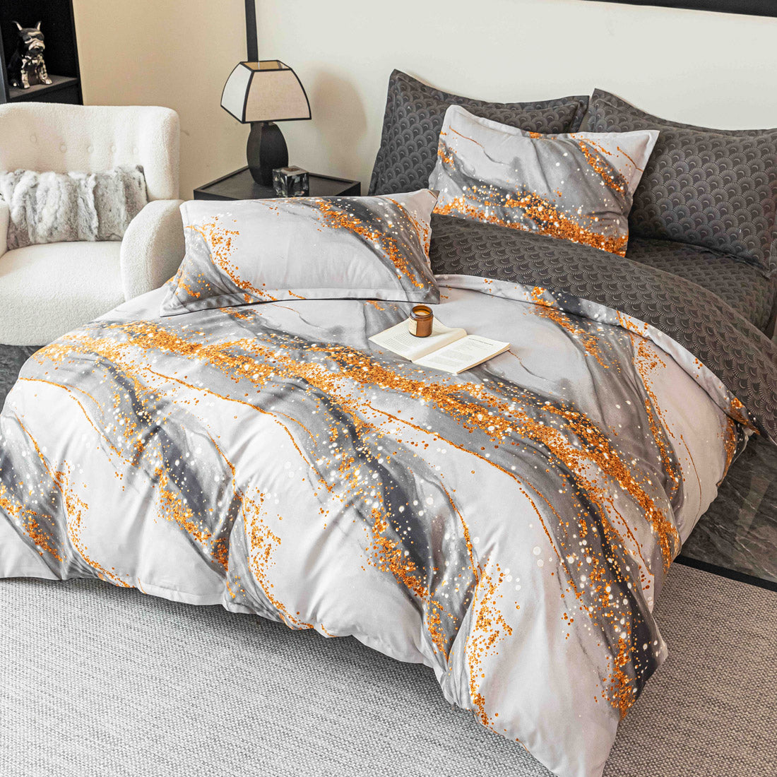 Спално бельо от 100% памук - бяло и сиво с мараморен ефект