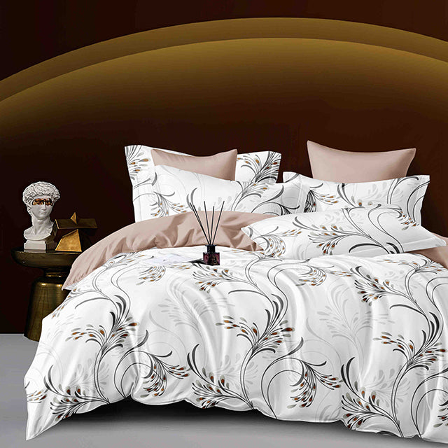 Спално бельо с ластик – бяло и бежово с листа