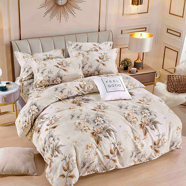 Спално бельо с ластик – бежово с цветя