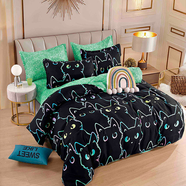 Спално бельо с ластик - черно и зелено с котки