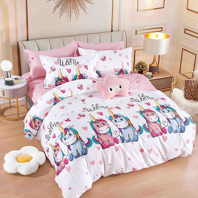 Спално бельо с ластик - бяло и розово със сладки еднорози