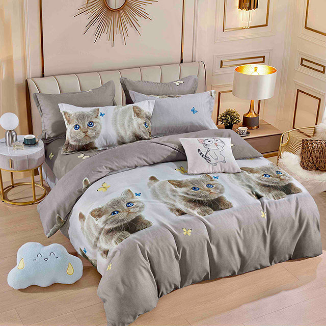Спално бельо с ластик – сиво с котенца