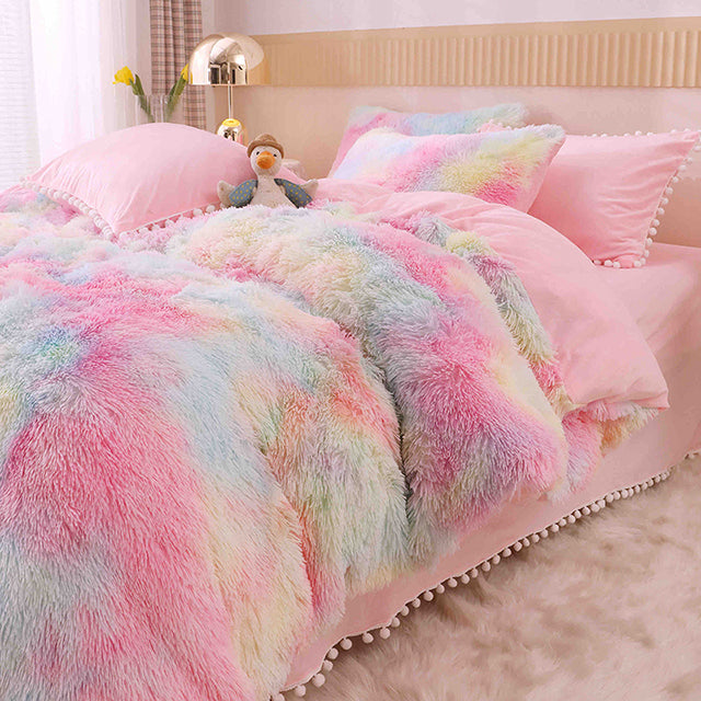 Едноцветен пухкав спален комплект Shaggy – петнисто розово и синьо