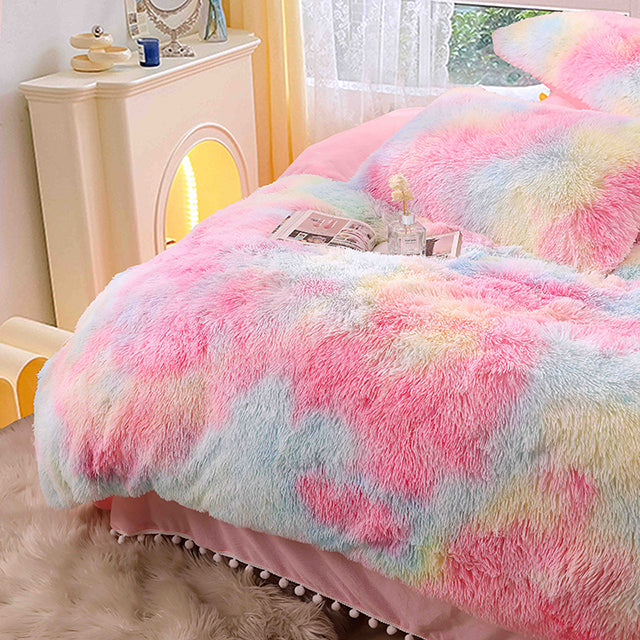 Едноцветен пухкав спален комплект Shaggy – петнисто розово и синьо