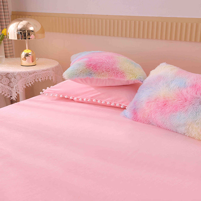 Едноцветен пухкав спален комплект Shaggy – петнисто розово и синьо