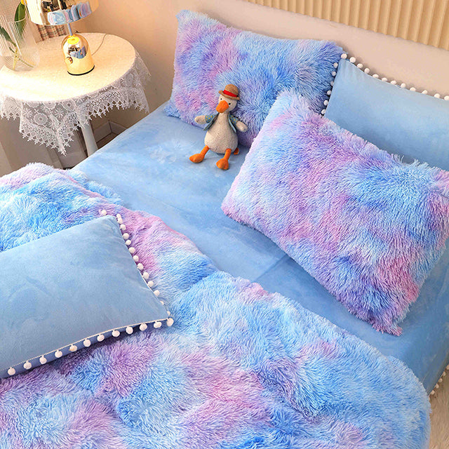 Едноцветен пухкав спален комплект Shaggy – синьо и лилаво на петна