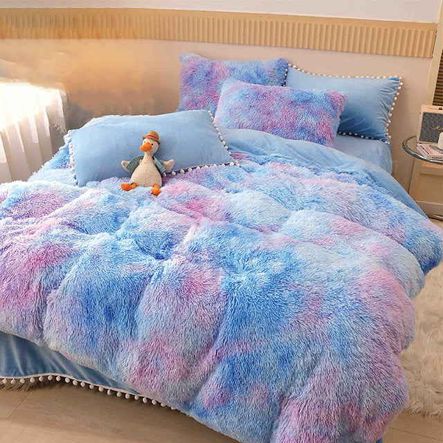 Едноцветен пухкав спален комплект Shaggy – синьо и лилаво на петна